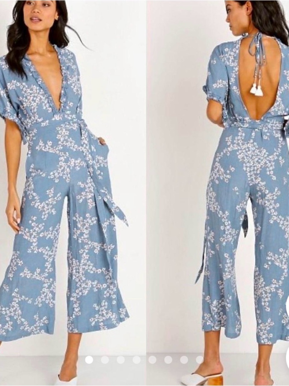 Faithfull the Brand Blue Floral Tie-Back Wide-Leg Jumpsuit